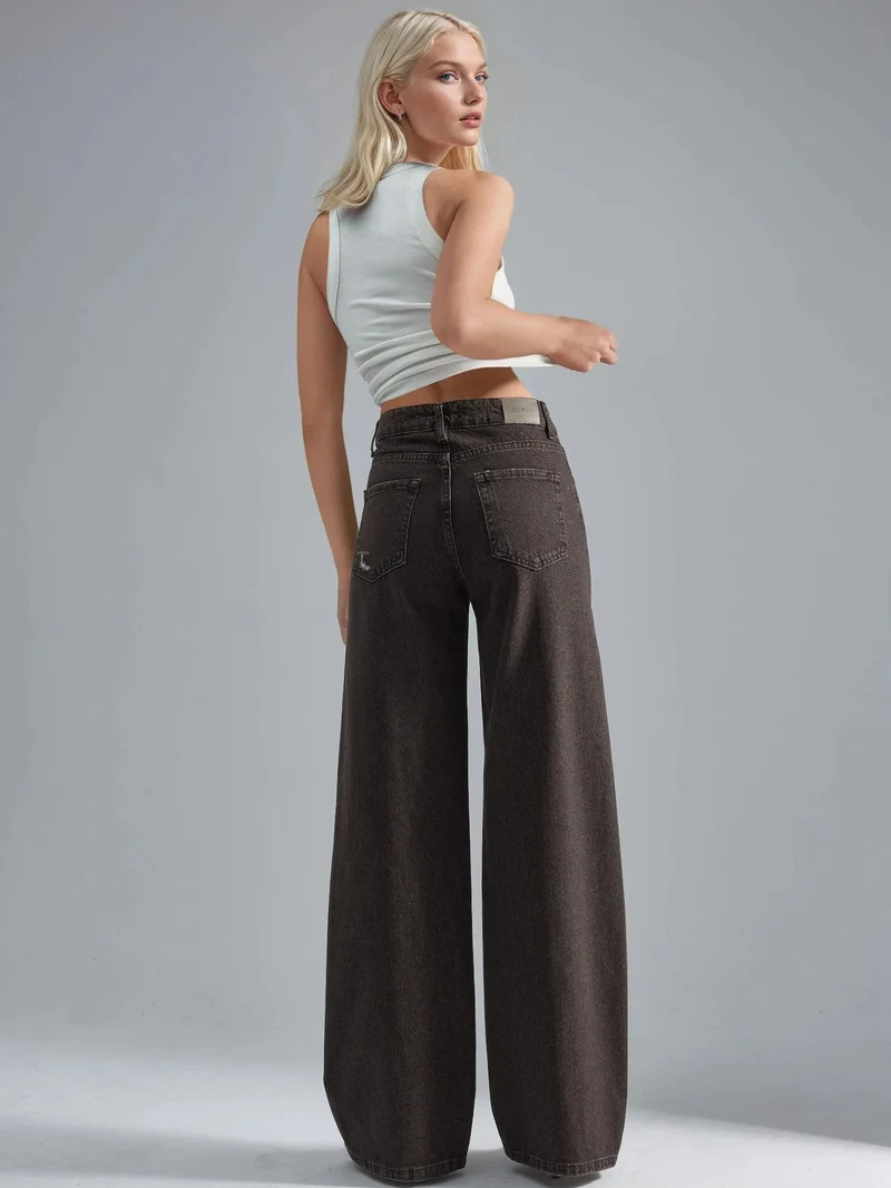 HICCUP Dark Mocha Brown 90's High Waist Wide Leg Denim Jeans for Women | Best Price UAE